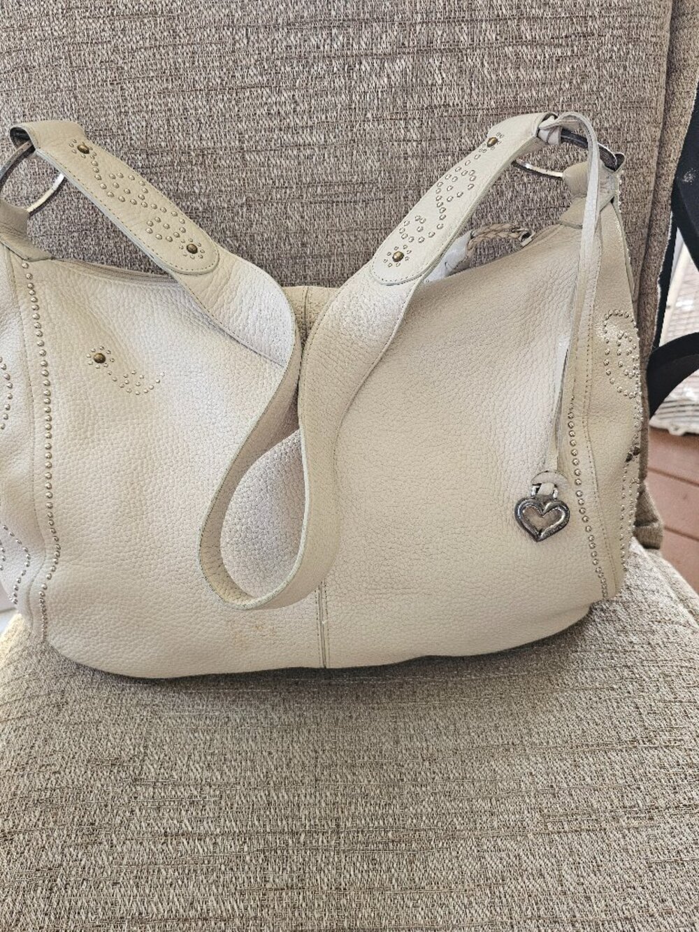 Brighton White Pebbled Leather Studded Hobo Shoulder Bag Heart Charm
